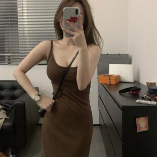 收腰打底连衣裙 棕色针织吊带裙 Viiwen人皆肯豆 显瘦百搭纯欲修身