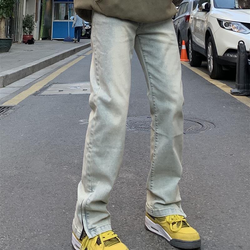 麻饭同学 夏季美式拉链水洗黄泥牛仔裤男女高街微弹修身显高长裤