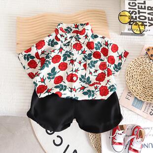 男童花衬衫夏季2024新款小童宝宝夏装上衣炸街帅气儿童短袖衬衣潮