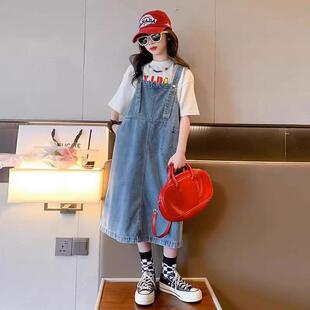 女童背带裙夏季韩版初中生洋气宽松夏装吊带裙子女大童牛仔连衣裙