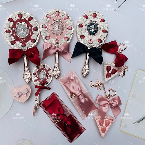 花知晓草莓丘比特镜子公主风手拿镜蝴蝶结发夹甜美弹簧夹香膏挂件