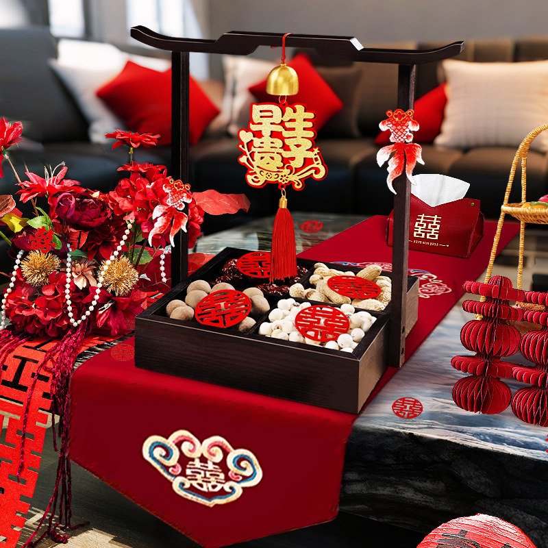 结婚早生贵子干果摆件实木摆台图片