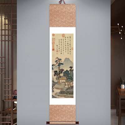 新中式古风卷轴挂画装饰画山水画挂轴古画听琴图品茶图竹炉山房图