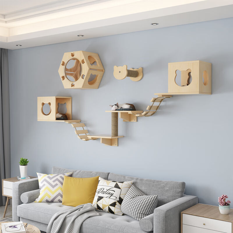 猫爬架壁挂式猫窝猫爬架墙壁式跳台跳板爬梯木质墙上猫家具2窝2台