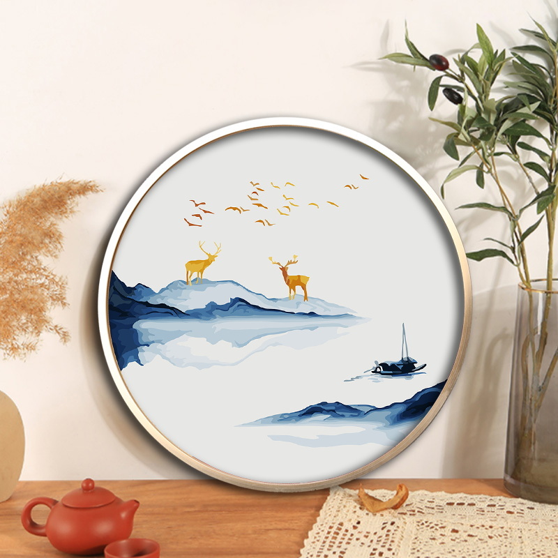 diy数字油画花卉风景高端中式圆形手工自己涂色填色装饰画油彩画图片