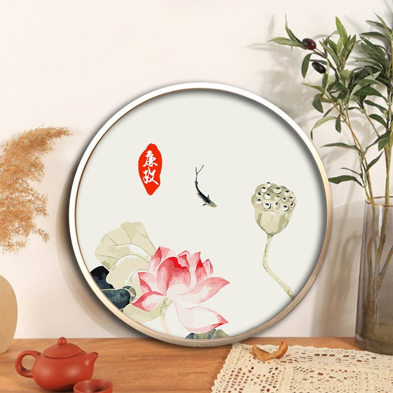新中式数字油画diy圆形廉洁荷花手工作品涂色填充丙烯颜料油彩画