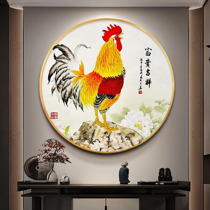 大公鸡挂画圆形金鸡报晓玄关装饰画过道雄鸡图客厅餐厅风水壁画图片