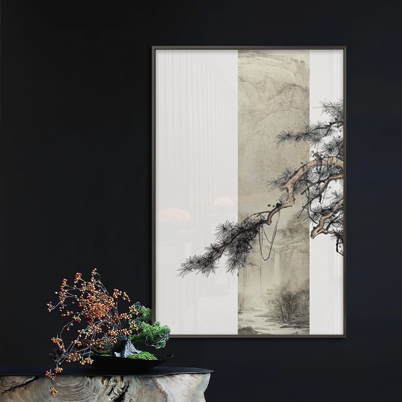 新中式禅意装饰画客厅玄关书房茶室软装样板房设计师松树山水挂画图片