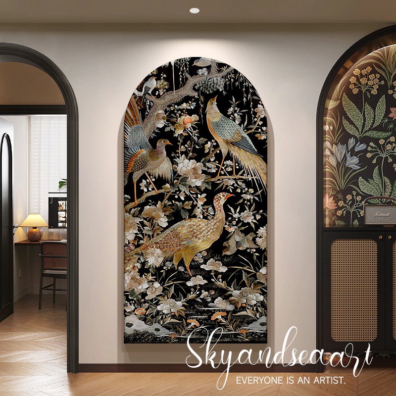 中古风孔雀入户玄关装饰画南洋复古拱形走廊过道挂画高级感墙壁画图片