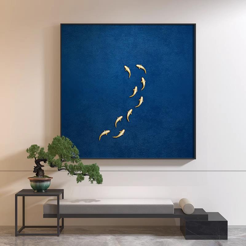 新中式蓝色装饰画画九鱼图抽象画画极简客厅入户玄关背景墙壁轻奢