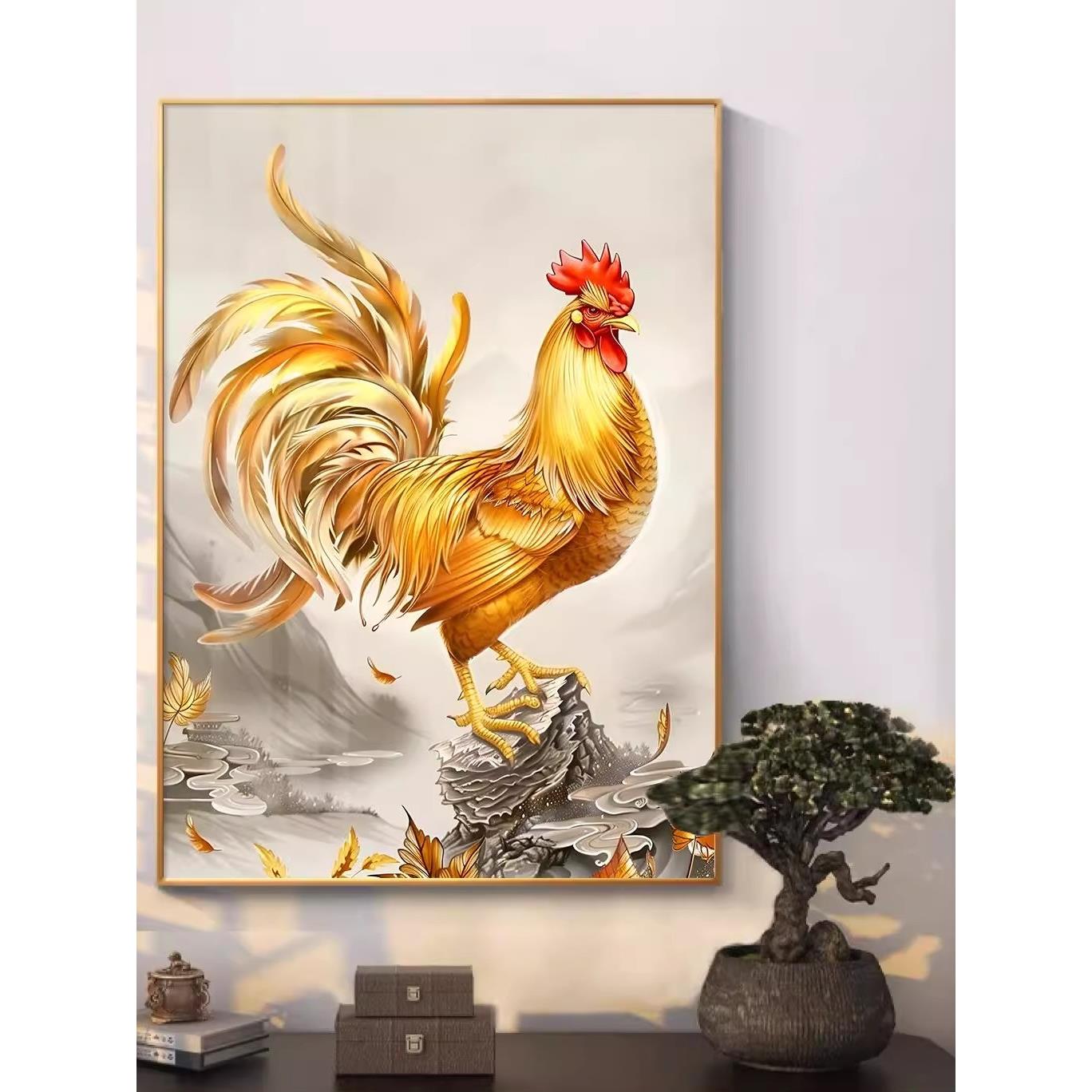 金鸡报晓客厅装饰画新中式玄关入户门雄鸡镇宅挂画书房背景墙壁画图片