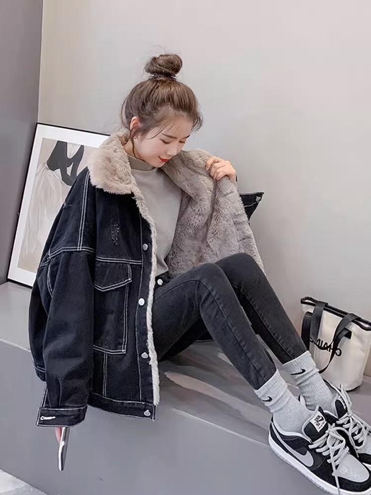 冬季羔羊羊毛牛仔天鹅绒加厚外衣妇女秋冬新款棉质外衣宽松多用途