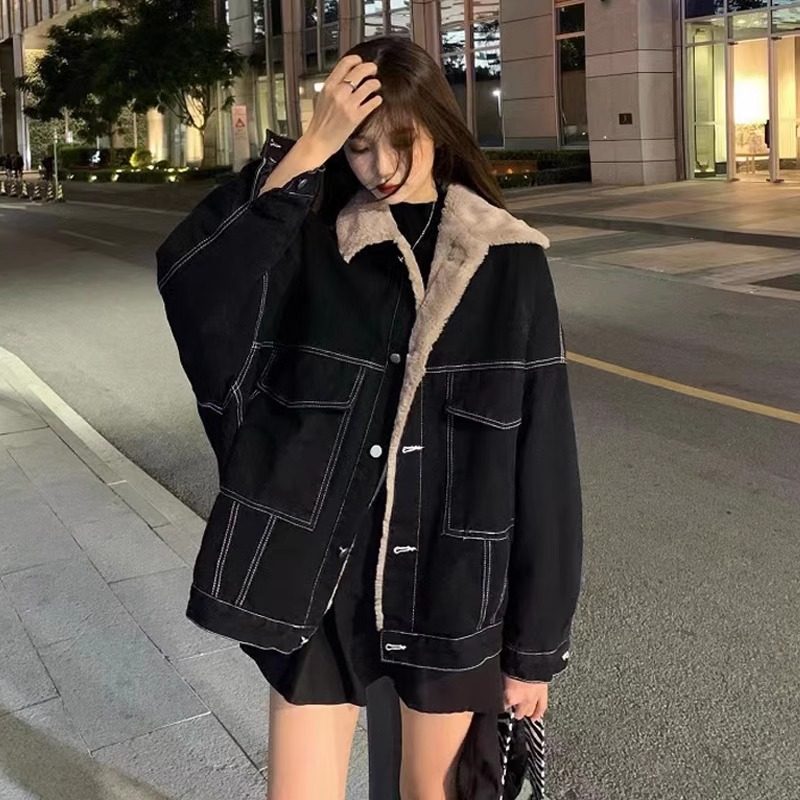 冬季羊羔毛棉衣牛仔加绒外套女