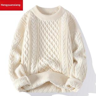 恒源祥秋冬新款圆领毛衣男加厚纯色青少年高中学生针织宽松羊毛衫