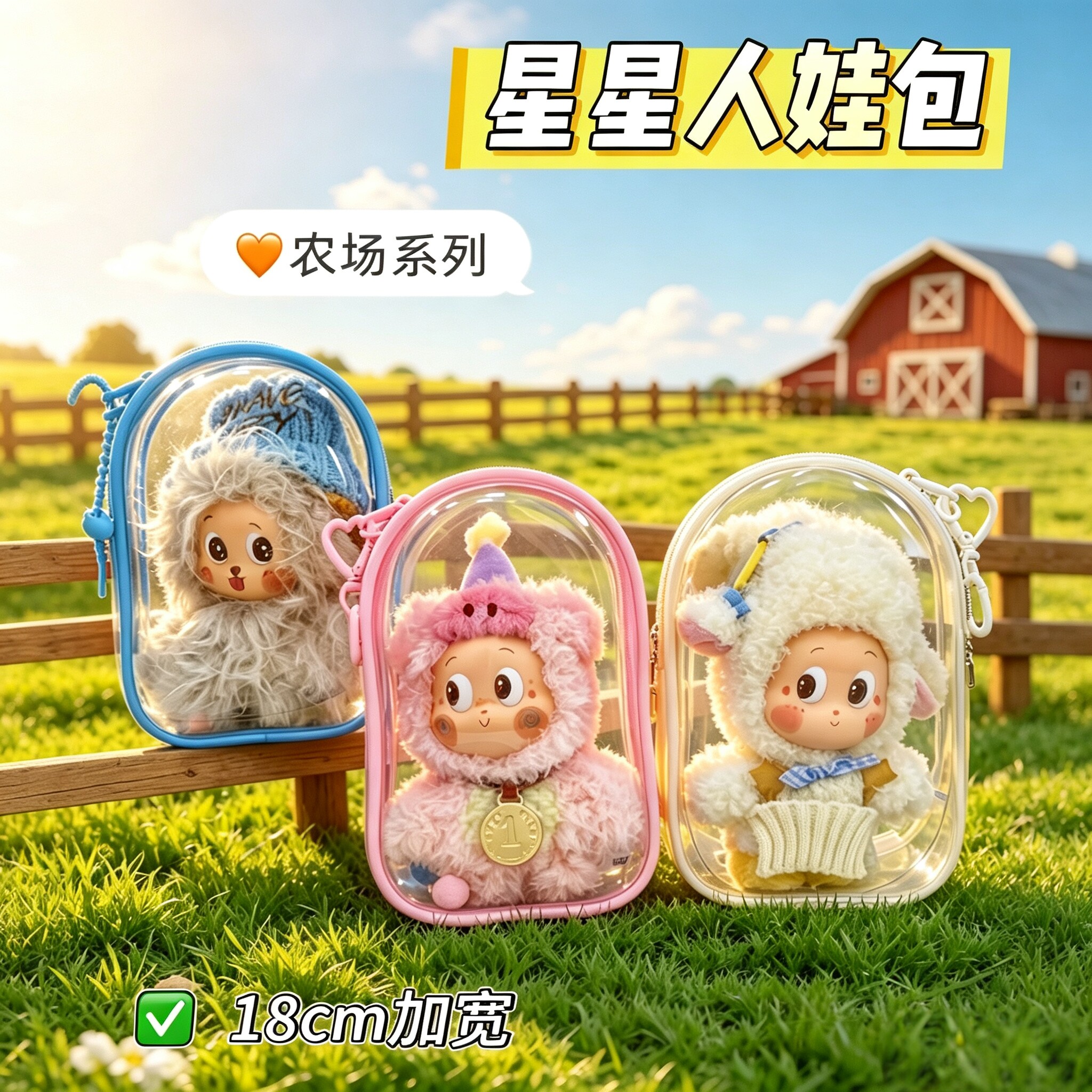 星星人农场毛绒挂件娃包泡泡玛特保护套公仔保护套透明pvc遛娃包
