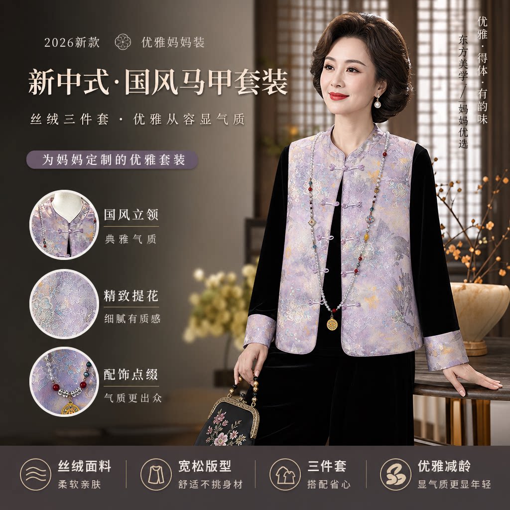 新中式妈妈秋装国风马甲套装丝绒