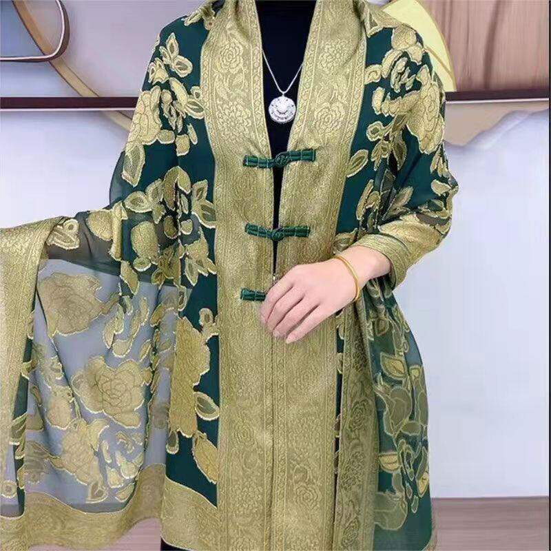 新款时尚气质新中式百搭优雅牡丹花190*70CM手工剪花提花盘扣披肩