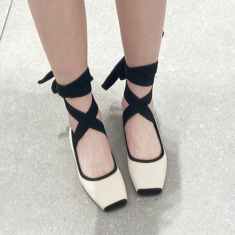 拼色绑带芭蕾舞鞋舒适平底单鞋女