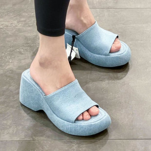 欧美蓝色牛仔坡跟凉鞋 松糕软底厚底外穿一字拖鞋 新款 ZA2024夏季 女
