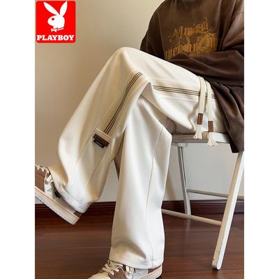 花花公子休闲长裤子男款春秋冬季潮牌条纹痞帅加绒加厚直筒阔腿裤