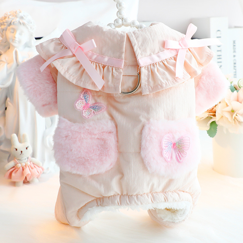 狗狗衣服秋冬装厚款荷叶领四腿护肚棉衣可牵引小型犬泰迪宠物比熊