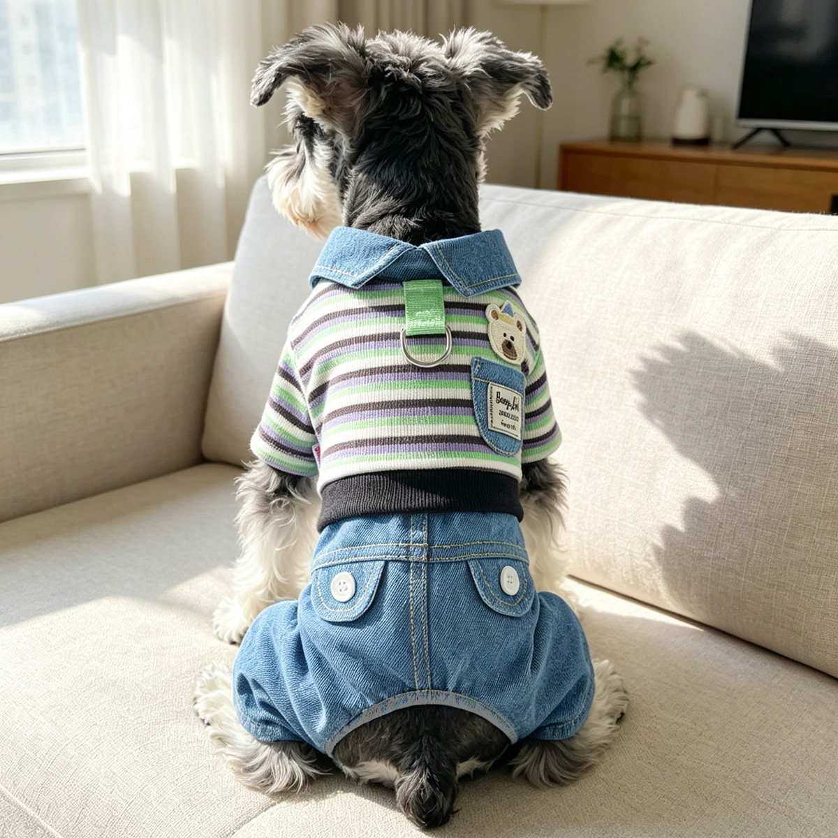 狗狗衣服春秋装针织晴空条纹牛仔四脚套装小型犬泰迪宠物比熊衬衫