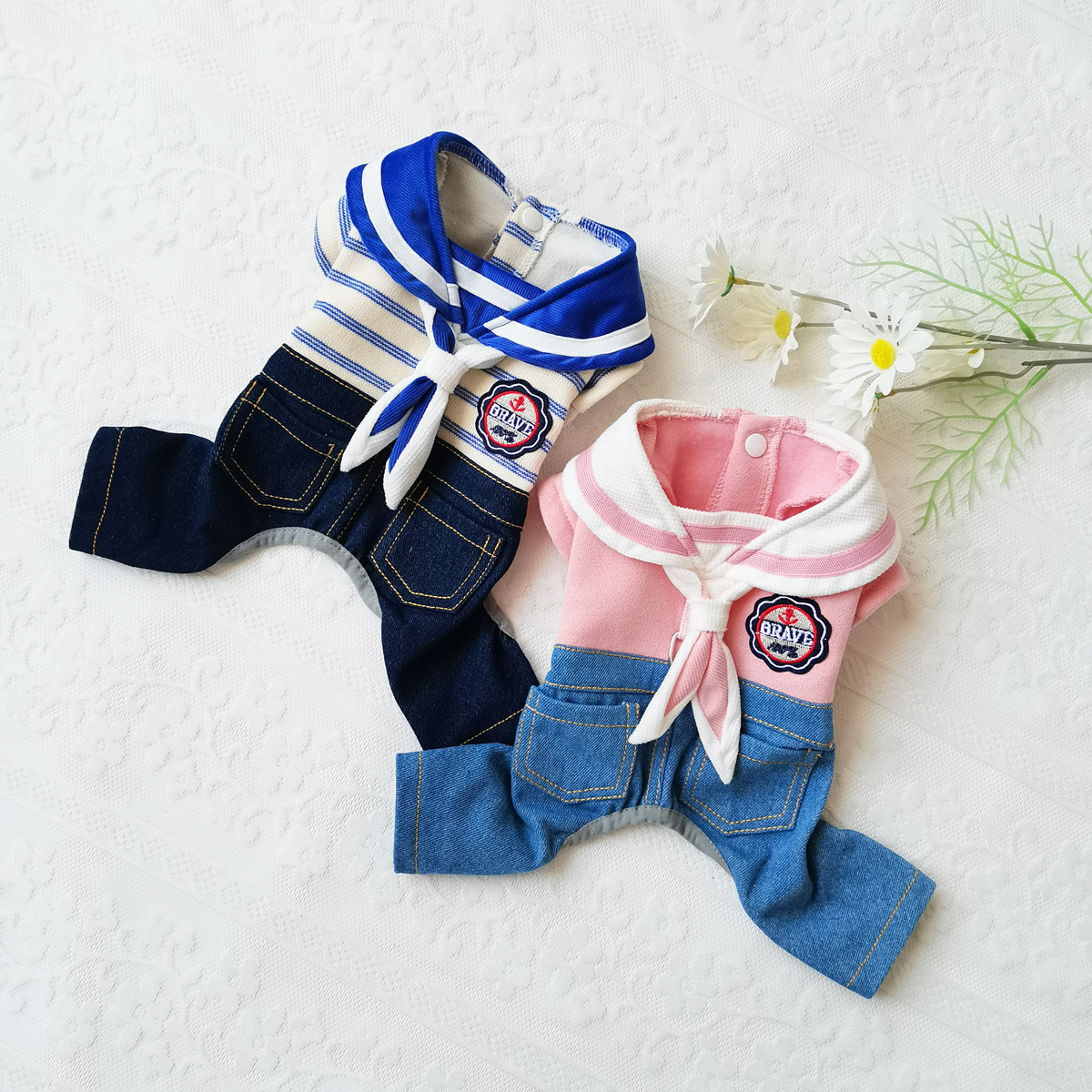 狗狗秋冬款四脚毛衣水手服小型犬宠物连体牛仔背带裤假两件可牵引