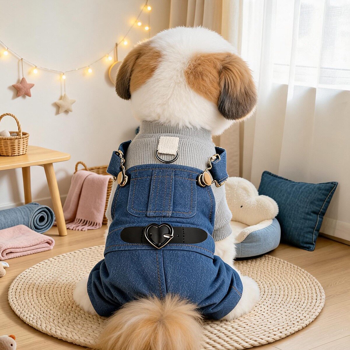 狗狗春秋款四脚衣套装小型犬宠物爱心皮带牛仔背带裤假两件外套
