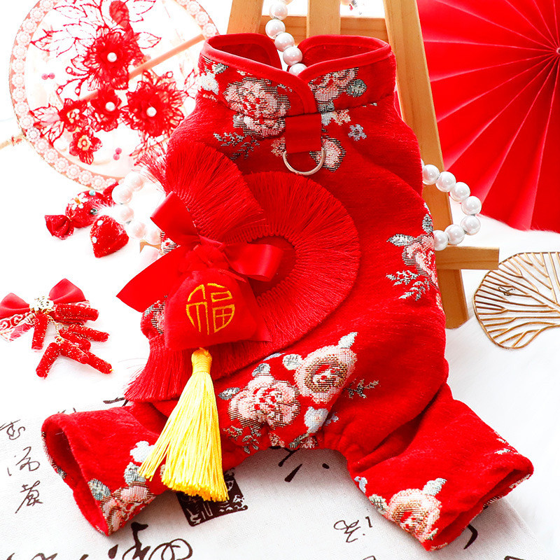 狗狗衣服秋冬装厚款四脚红色流苏红包唐装牵引小型犬泰迪宠物比熊
