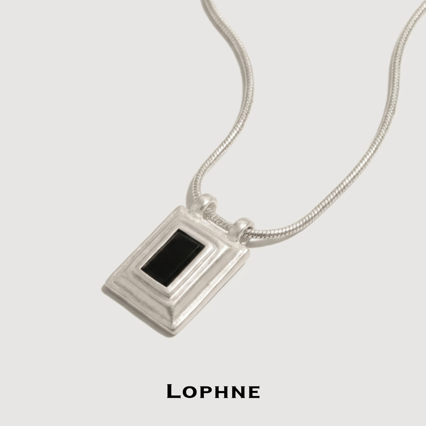 LOPHNE 方形牌子黑玛瑙纯银项链 小众设计中性文艺中古高级感复古