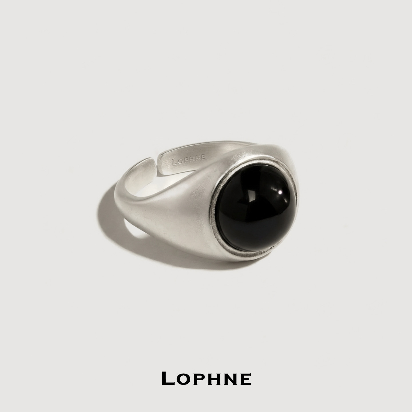 LOPHNE 经典圆形黑玛瑙中古纯银戒指 复古高级感沉稳开口可调节