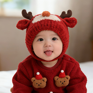 婴儿帽子冬季保暖鹿角红色喜庆宝宝护耳帽男宝女宝宝防风帽新年帽