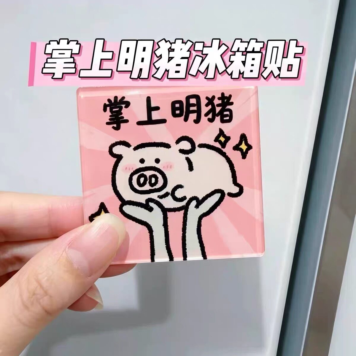 小红书同款掌上明猪冰箱贴亚克力卡通小猪谐音梗冰箱装饰闺蜜送礼