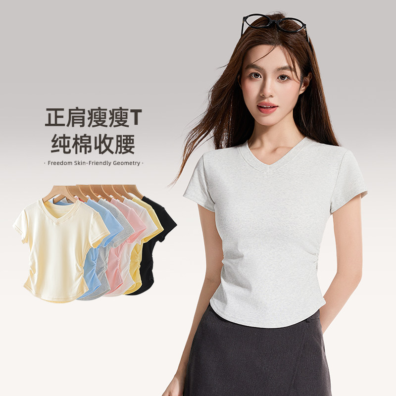 纯棉白色V领短袖女夏季薄款外穿褶皱收腰T恤修身显瘦圆领打底上衣
