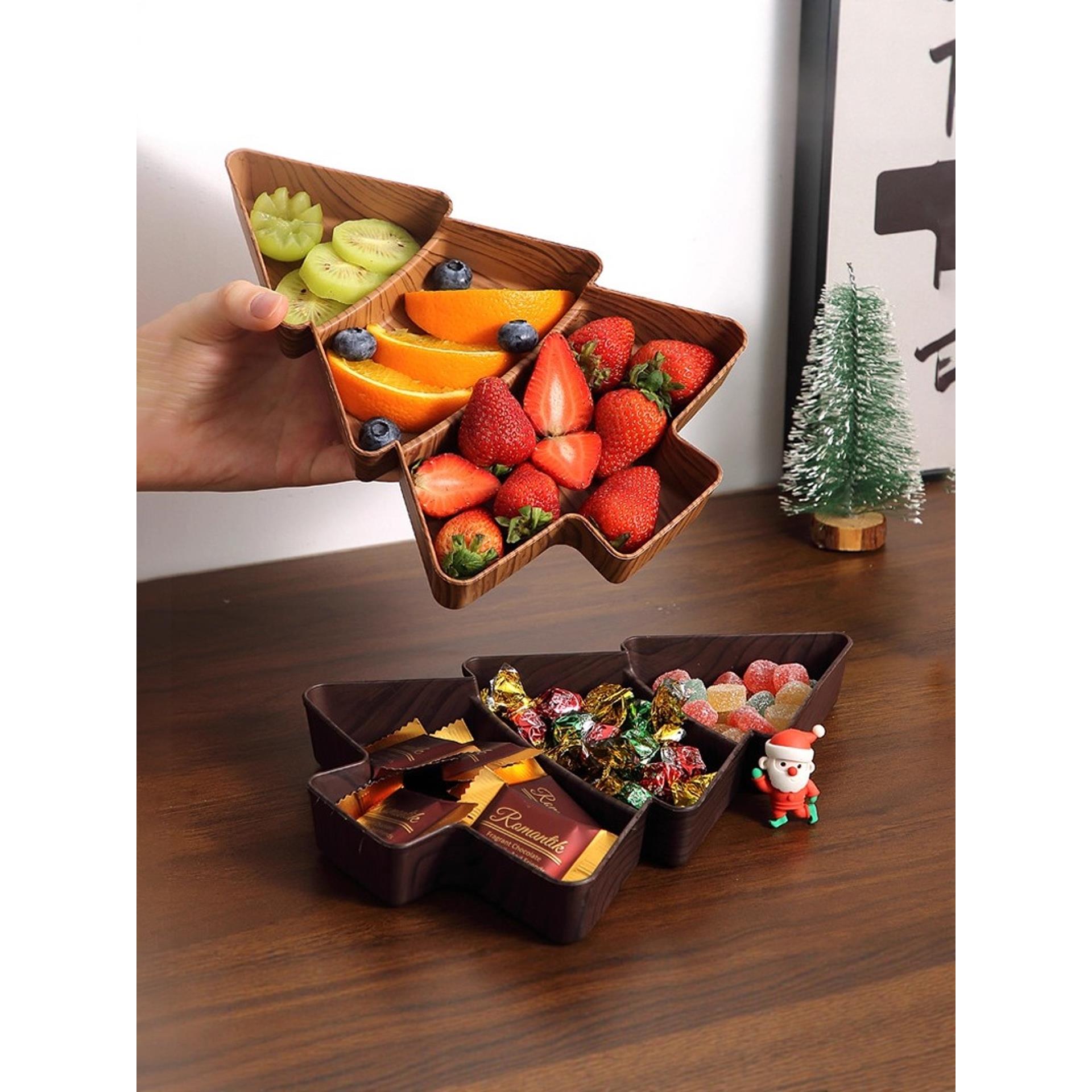 仿木纹干果盘家用塑料圣诞树分格