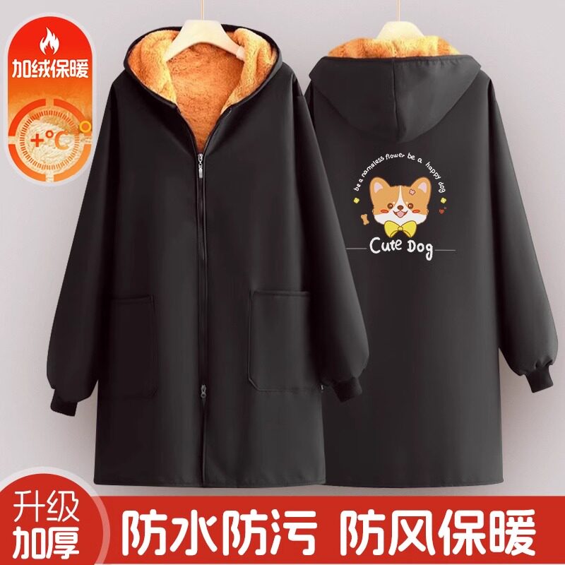 加绒加厚的保暖罩衣女士厨房围裙冬季防水防脏韩版工作服男士外套