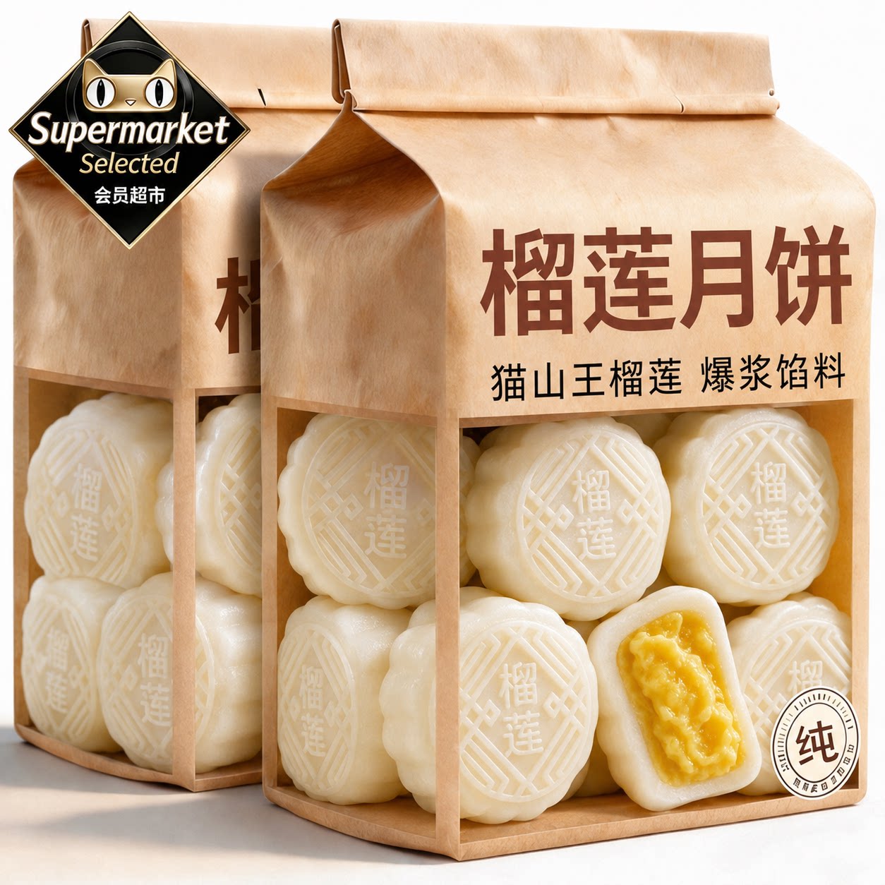 正宗猫山王榴莲冰皮月饼官方旗舰店广式流心月饼中秋节高端礼盒装