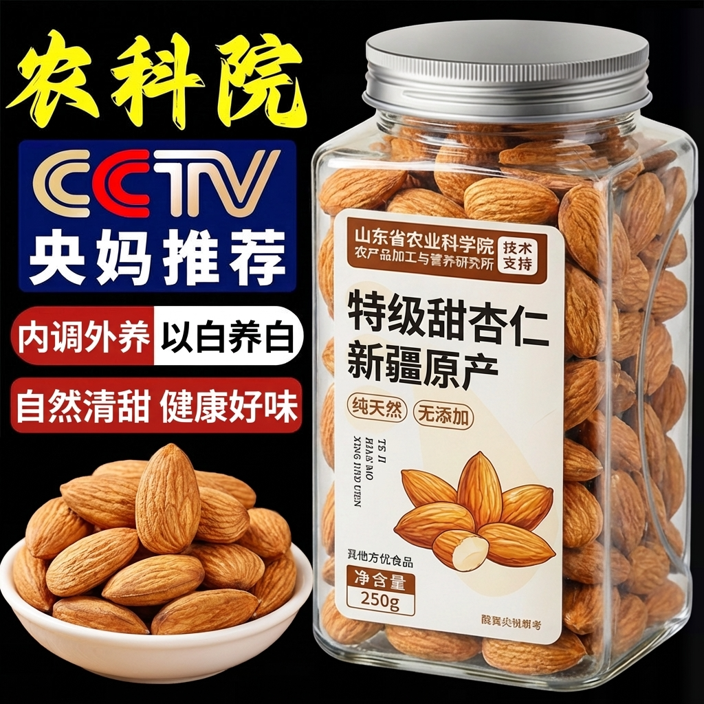天猫甄选！杏仁新疆甜杏仁官方旗舰店原味无添加2026年货大颗坚果
