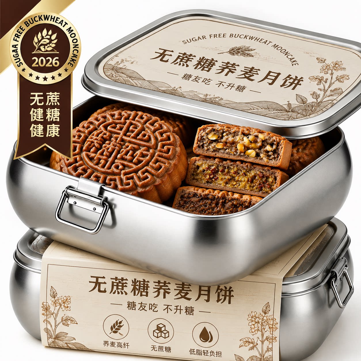 荞麦月饼无蔗糖多味黑芝麻五仁月饼无蔗糖中秋老式粗粮木糖醇礼盒