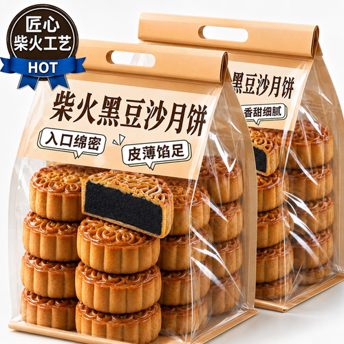 无蔗糖柴火黑豆沙月饼广式老式手工糕点零食特产小吃糖人零食散装
