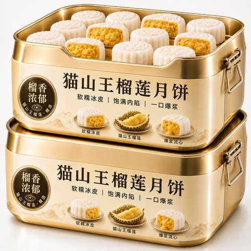猫山王榴莲冰皮月饼广式爆浆月饼官方旗舰店蛋黄中式糕点中秋送礼