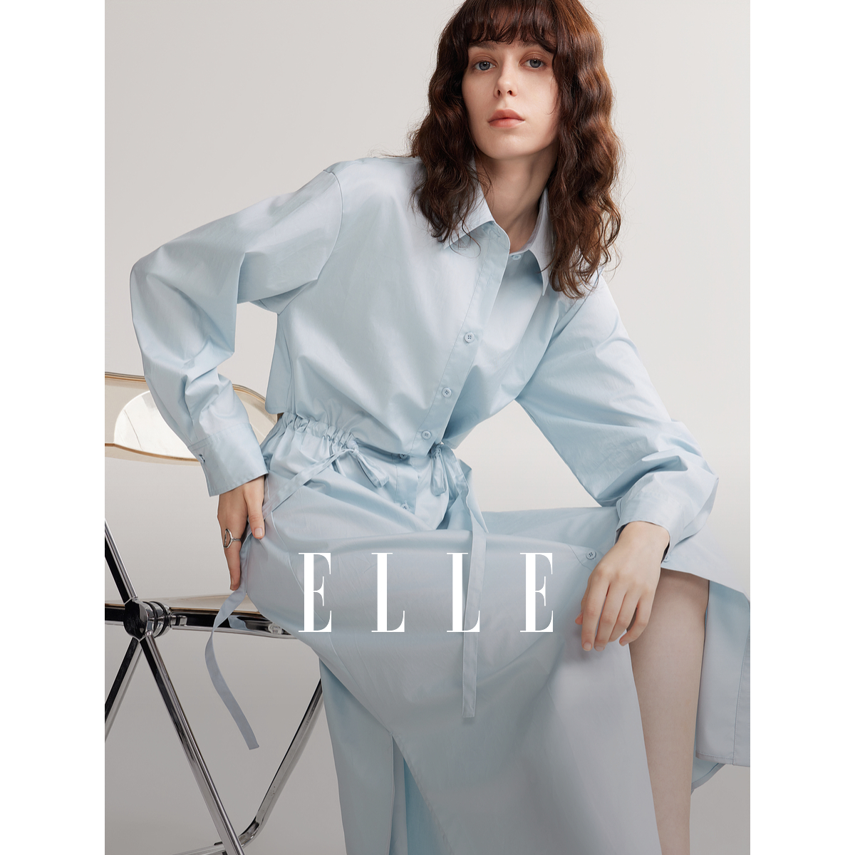 蓝色衬衫式收腰显瘦连衣裙ELLE