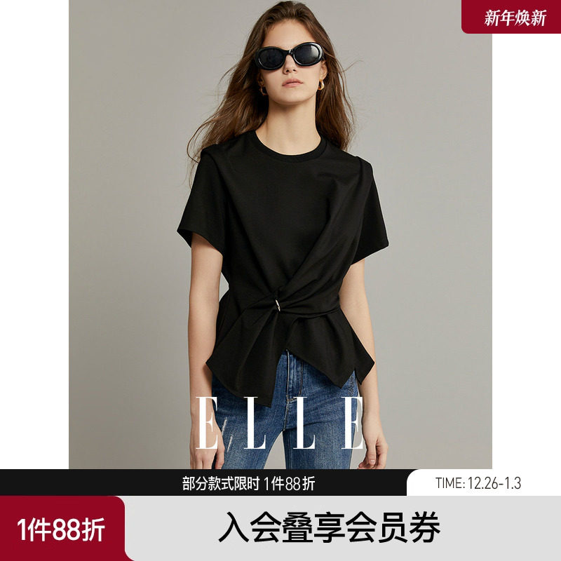 ELLE黑色复古设计感圆领开叉T恤女2025夏季新款宽松显瘦休闲