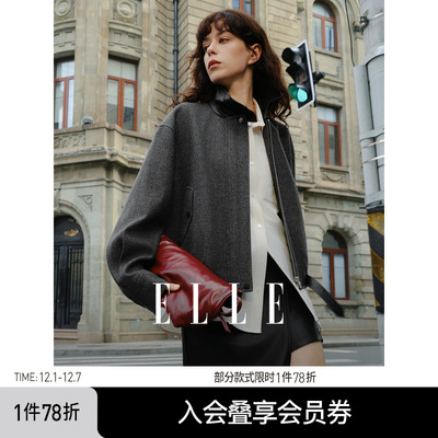 ELLE绵羊毛格纹立领夹克短外套