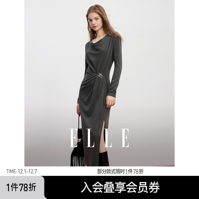 ELLE法式荡领优雅长袖连衣裙