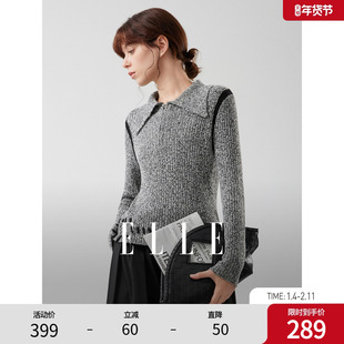 ELLE法式慵懒感拼接翻领套头毛衣女2025冬季新款设计感休闲针织衫