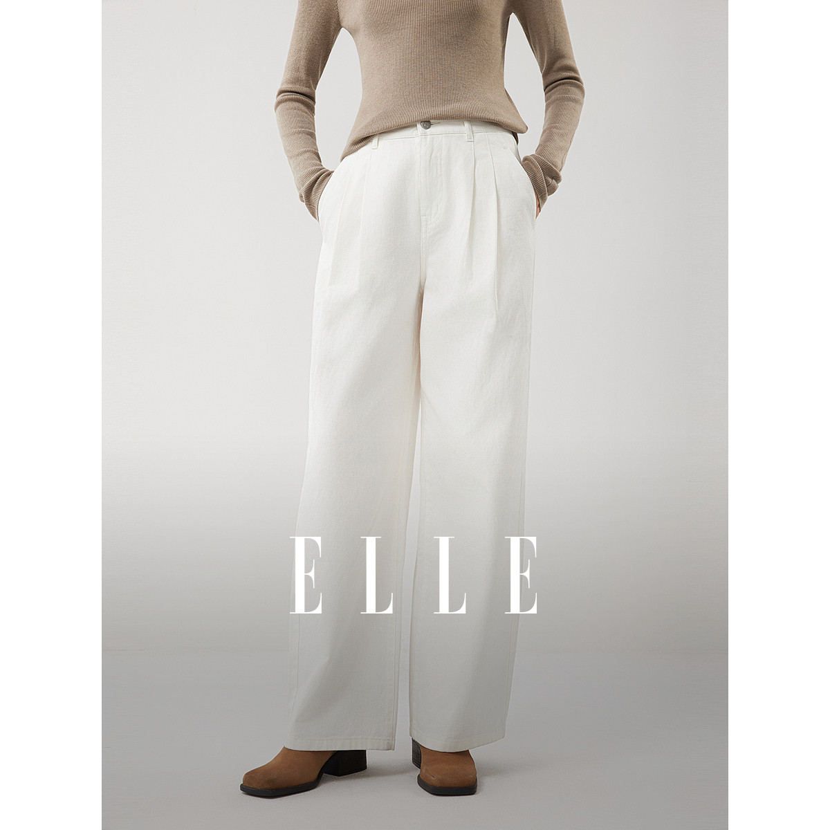 ELLE法式白色纯棉牛仔裤女2025冬季新款小个子时髦通勤阔腿裤子,女装/女士精品,牛仔裤,淘宝优惠券,粉丝福利购,淘宝优惠卷