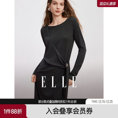 ELLE法式一字领扭结长袖连衣裙