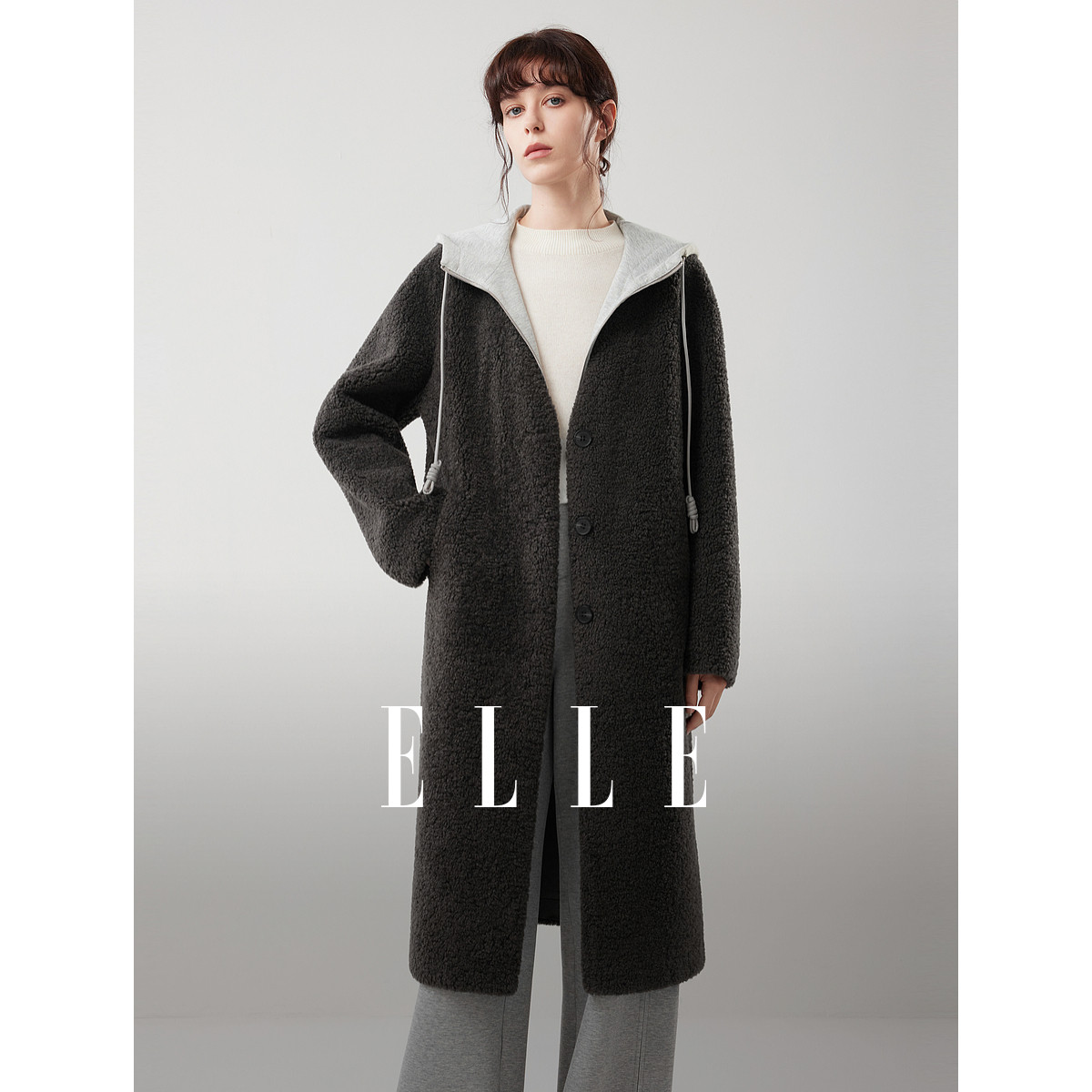 ELLE法式高级感连帽中长款毛毛外套女2025冬季新款休闲复古上衣