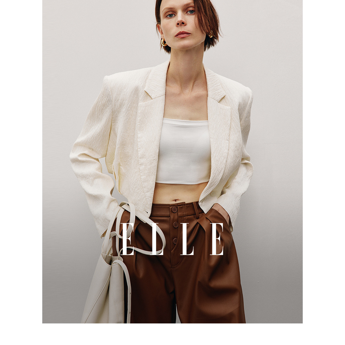 【line】ELLE 白色高级感短款西装外套女2025春装新款气质小西服